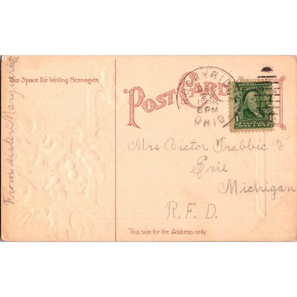 1908 Antique Christmas Postcard - Hand Written Message - One 1 Cent Stamp USA - Picture 2 of 2
